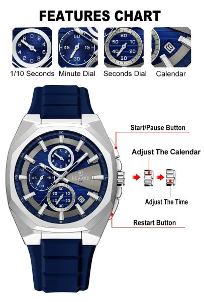 Design Reward VIP Chronograph Blue Silicone Strap Watch Watches - 6