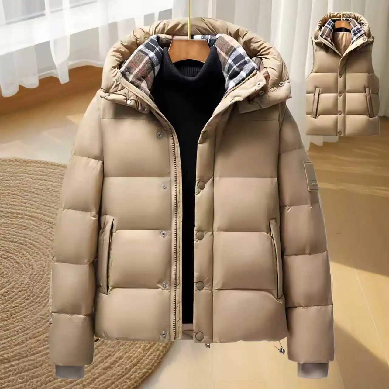 Design BOA BAE Down Jacket Black with Plaid Hood Trim Down Jacket - 4