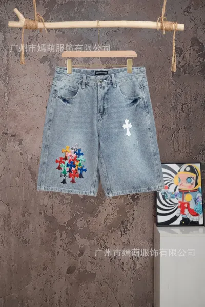 Chrome Hearts Multicolor Cross Embroidered Light Wash Denim Shorts - 1