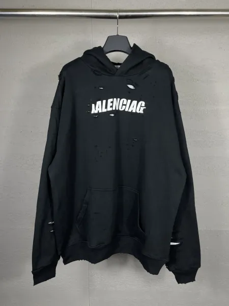 Balenciaga Distressed Logo Hoodie Black - 1