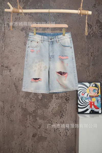Design Distressed Embroidered Denim Shorts Light Blue - 1