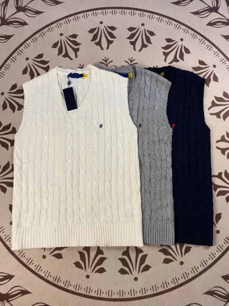 Polo Ralph Lauren Cable Knit V-Neck Vest White Gray Navy Vest Top - 8