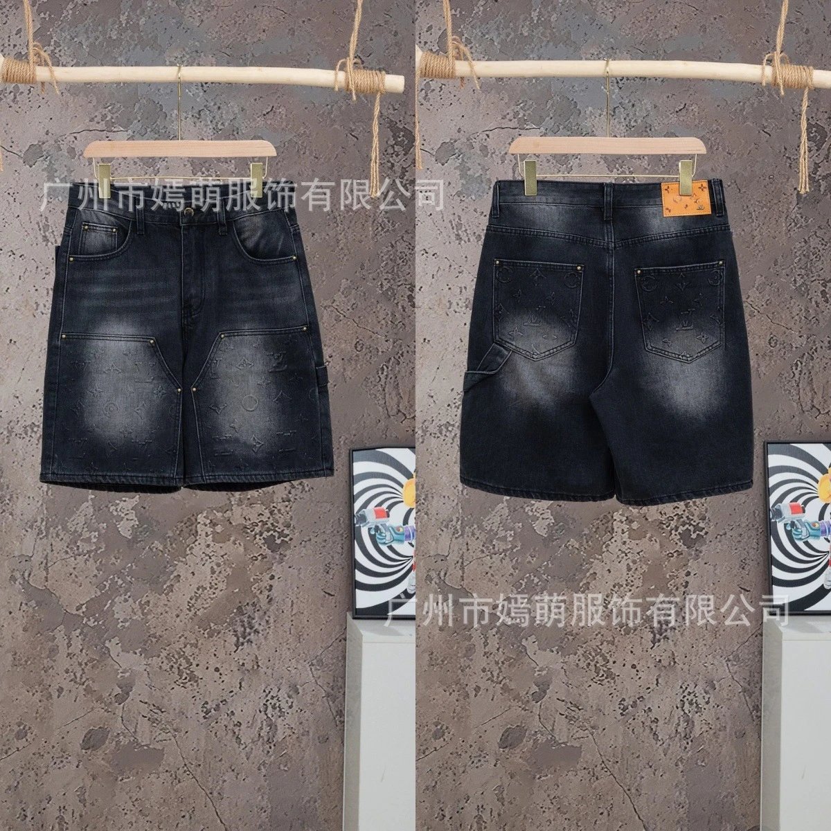 Design Denim Shorts Black with Embroidered Logo - 7