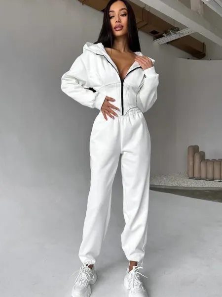 Design Pink Zip-Front Hooded Jumpsuit Sets - 3