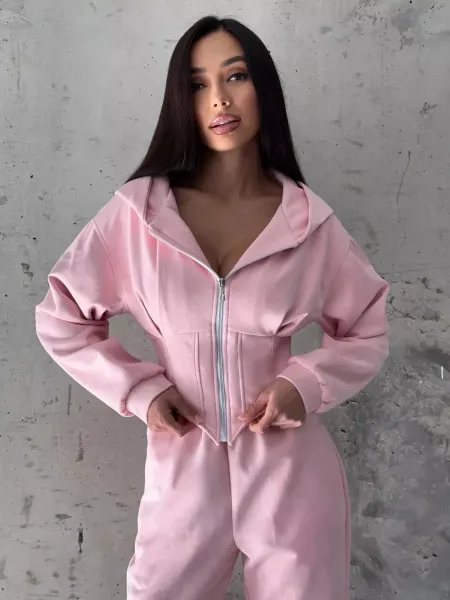 Design Pink Zip-Front Hooded Jumpsuit Sets - 16