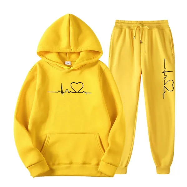 Design Heartbeat ECG Hoodie and Sweatpants Set Yellow - 1