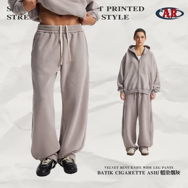 Design AR Velvet Bent Knife Wide Leg Pants Batik Cigarette Ash Sweatpants - 1