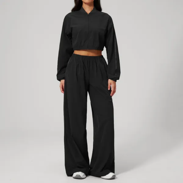 Design Cropped Windbreaker and Wide-Leg Pants Set Black - 1