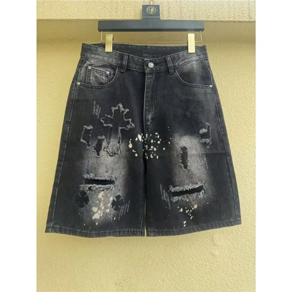 Design Distressed Cross Motif Denim Shorts Black - 1