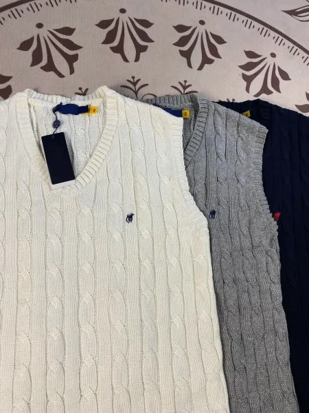 Polo Ralph Lauren Cable Knit V-Neck Vest White Gray Navy Vest Top - 9