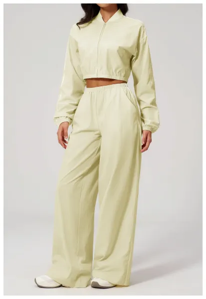 Design Cropped Zip-Up Jacket and Wide-Leg Pants Set in Pale Lime - 31