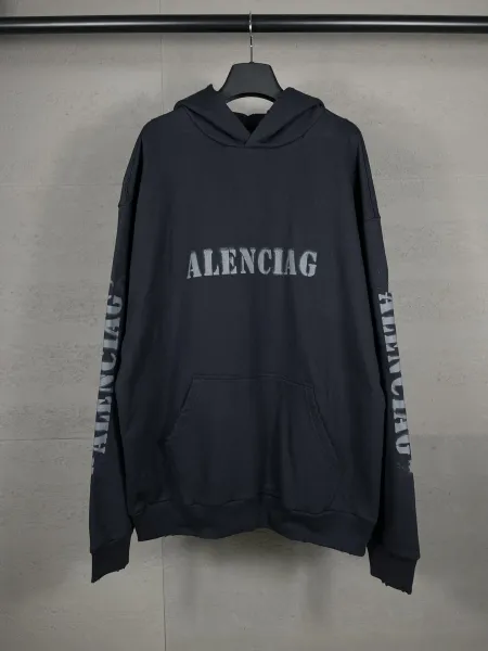 Balenciaga Distressed Logo Hoodie Black - 37
