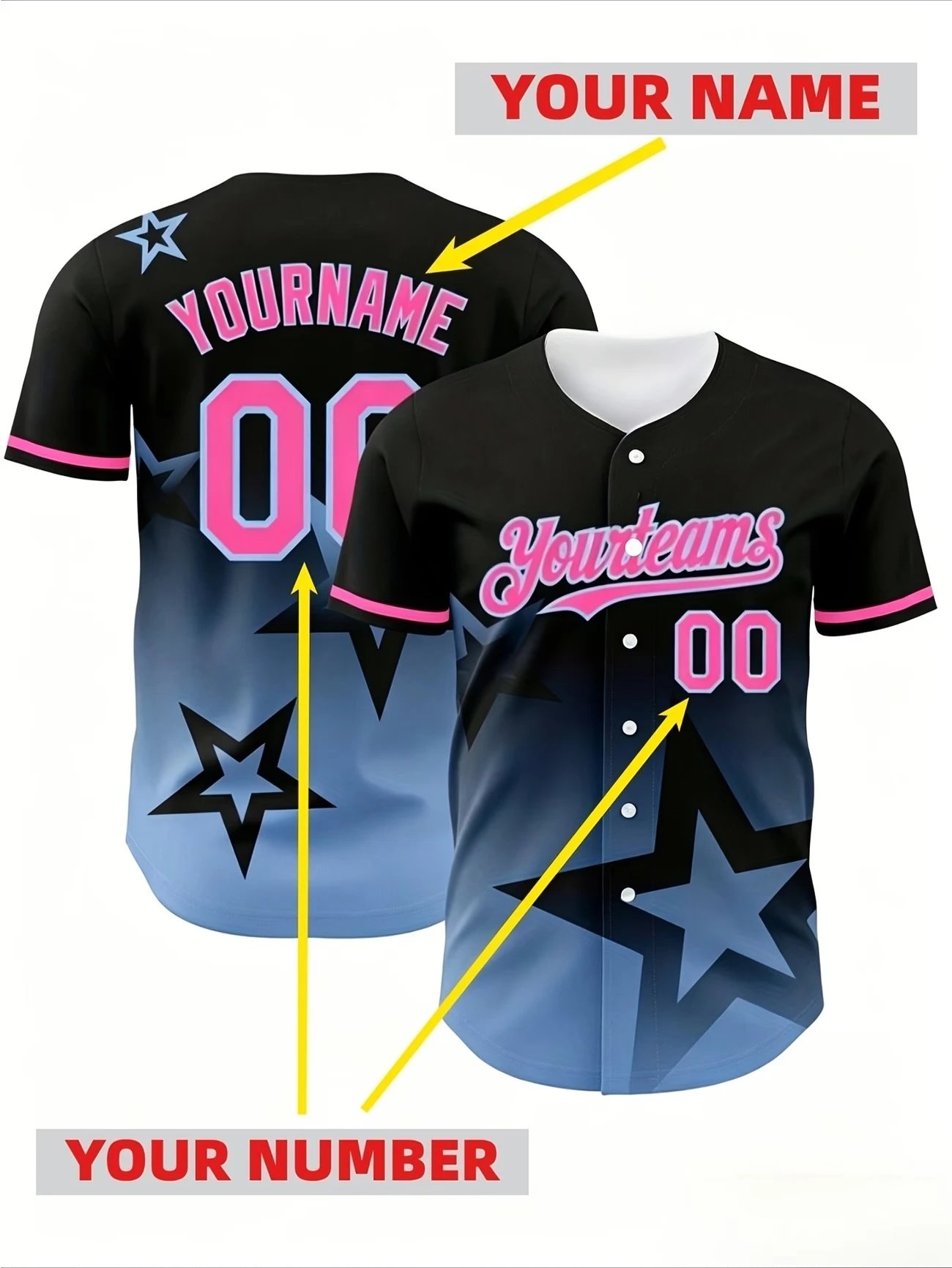 Design Custom Baseball Jersey Black Pink Gradient Star Print Jersey