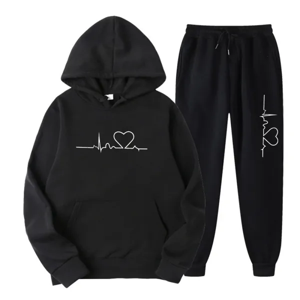 Design ECG Heartbeat Hoodie and Sweatpants Set Black - 1