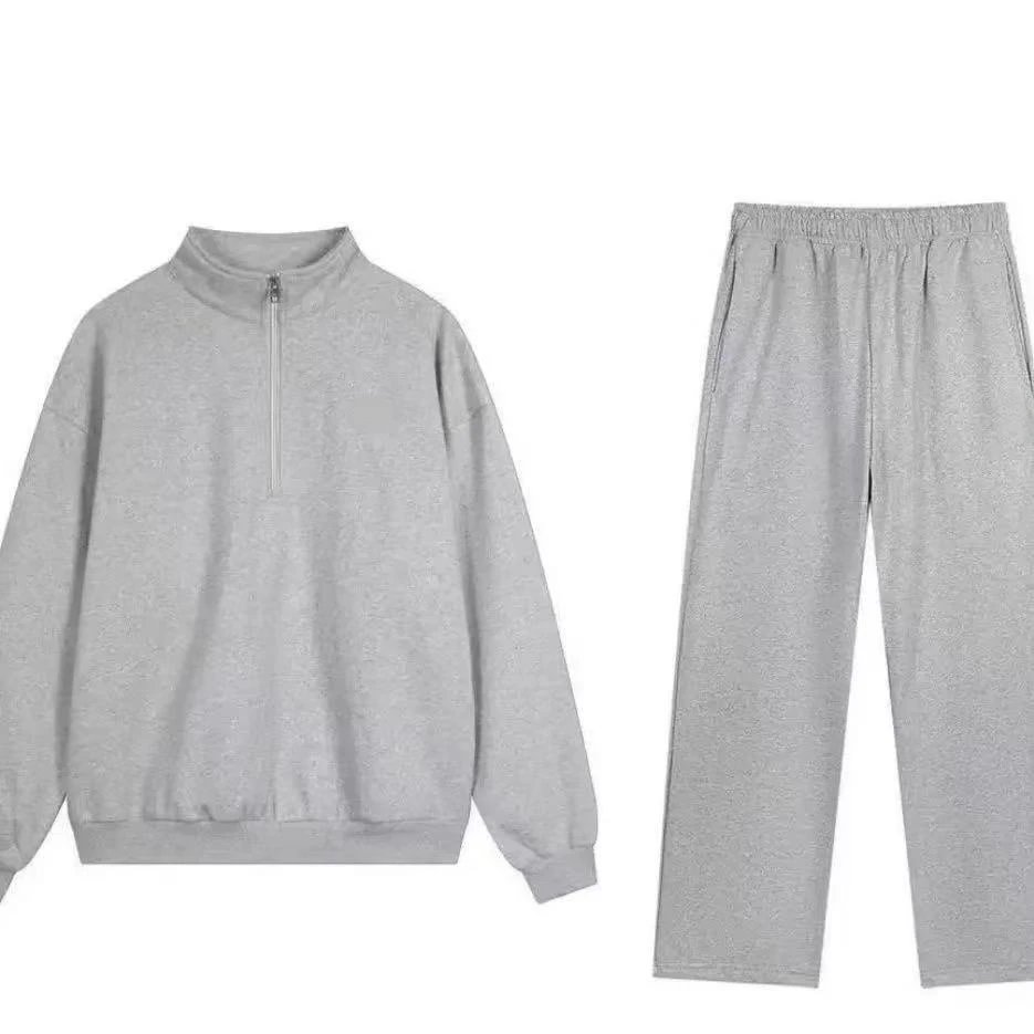 Design Minimalist Gray Sweat Set: Half-Zip Pullover, Hoodie, Crewneck Top & Wide-Leg Sweatpants - 9