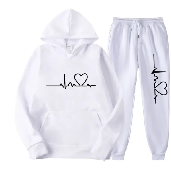 Design Heartbeat ECG Print White Hoodie and Sweatpants Set - 1