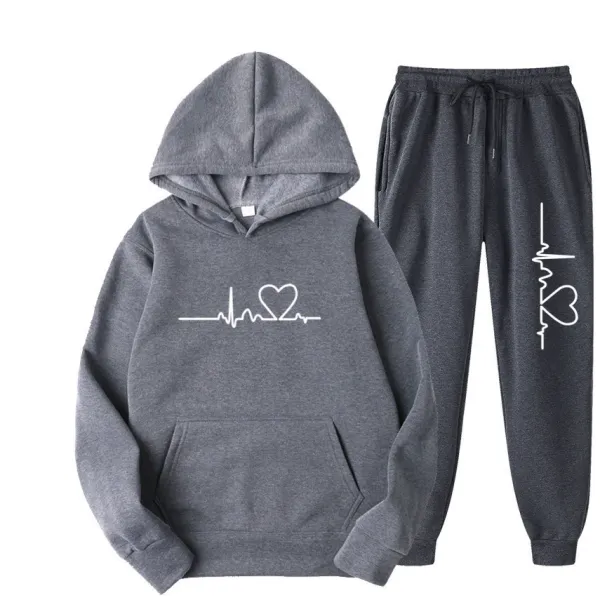 Design Heartbeat ECG Print Hoodie and Sweatpants Set Gray - 1