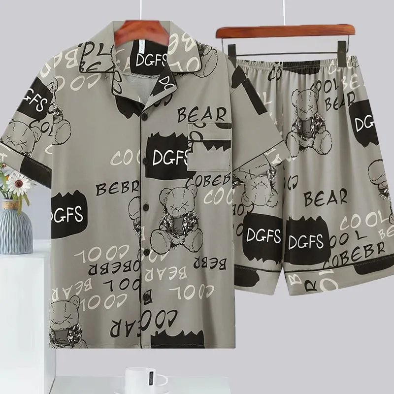 Design Bear Print Short-Sleeve Pajama Set Gray Sleepwear