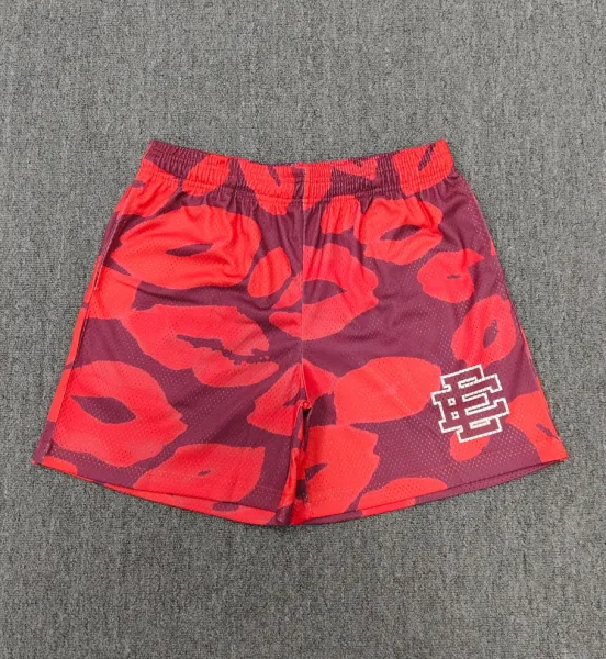 Design Lip Print Mesh Shorts Red Burgundy - 1