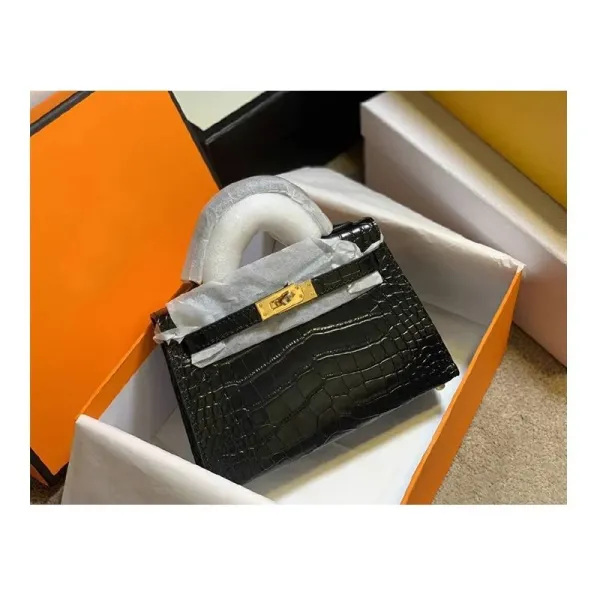 Hermès Mini Kelly II Black Crocodile Leather with Gold Hardware Handbag - 1