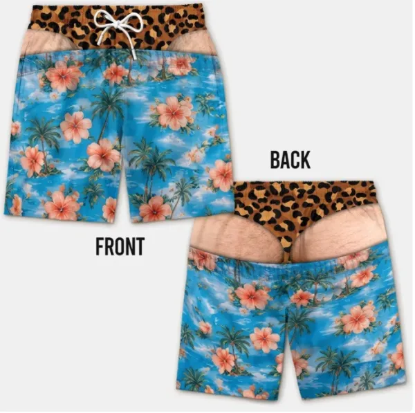 Design Tropical Print Swim Shorts with Leopard Waistband Swimwear - 1