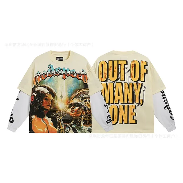 Design Godspeed Out of Many One Long Sleeve Graphic Tee Beige T-Shirts - 1