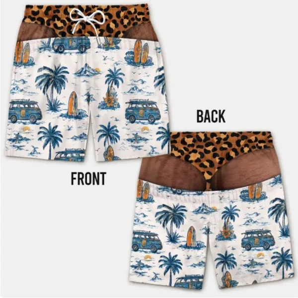 Design Tropical Van Print Swim Shorts with Leopard Waistband Swimwear - 1