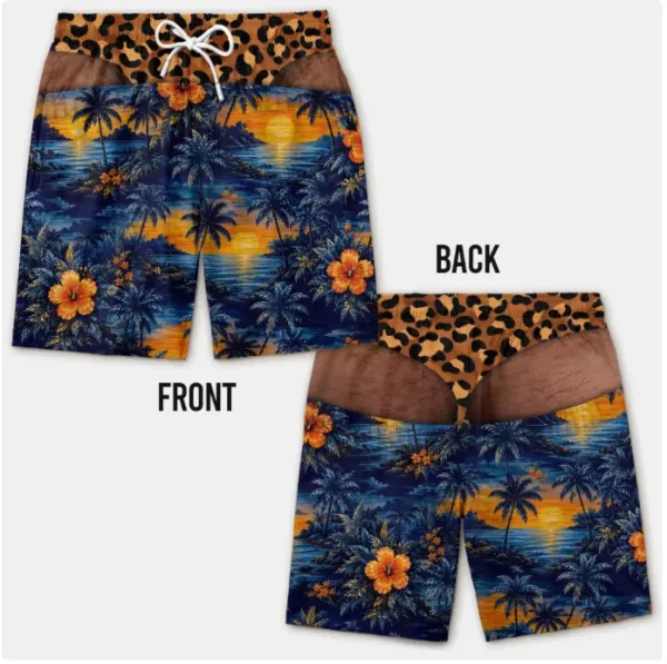 Design Tropical Sunset Print Board Shorts with Leopard Waistband - 1