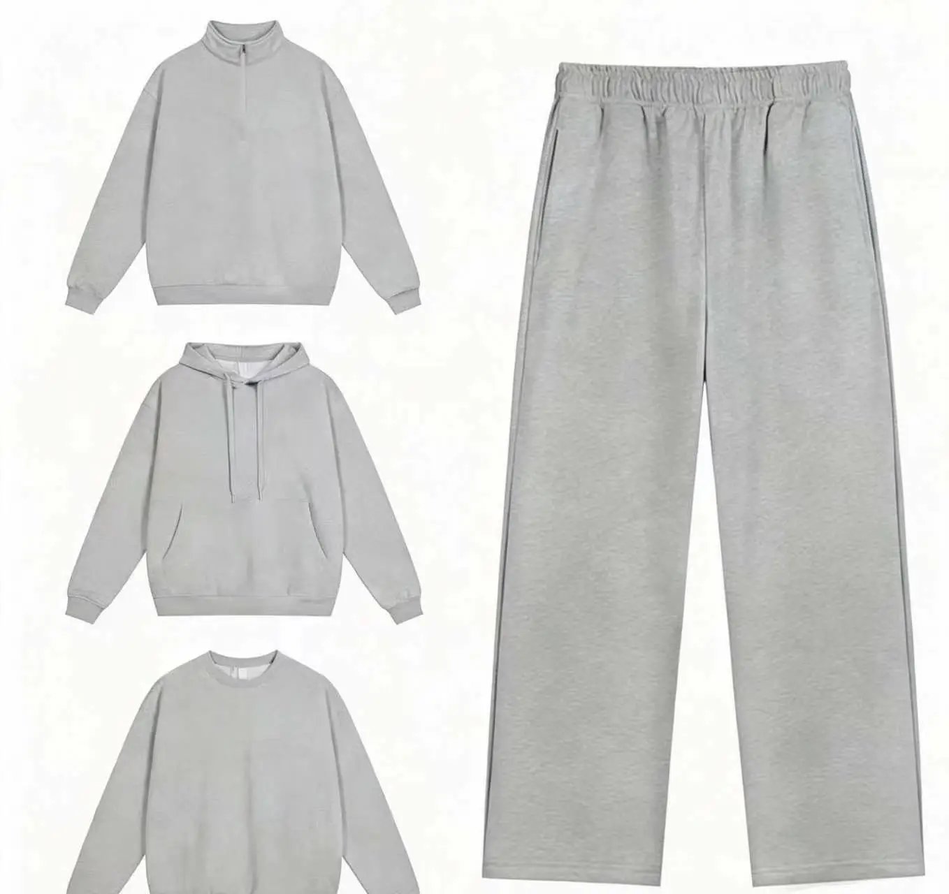 Design Minimalist Gray Sweat Set: Half-Zip Pullover, Hoodie, Crewneck Top & Wide-Leg Sweatpants - 13