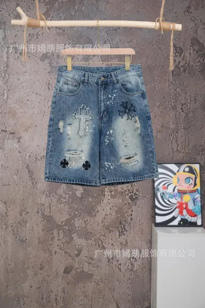 Design Distressed Cross and Maltese Cross Embroidered Denim Shorts Blue - 1