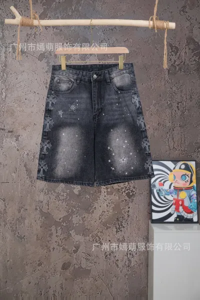 Chrome Hearts x Custom Embroidered Star Cross Denim Shorts Black - 1