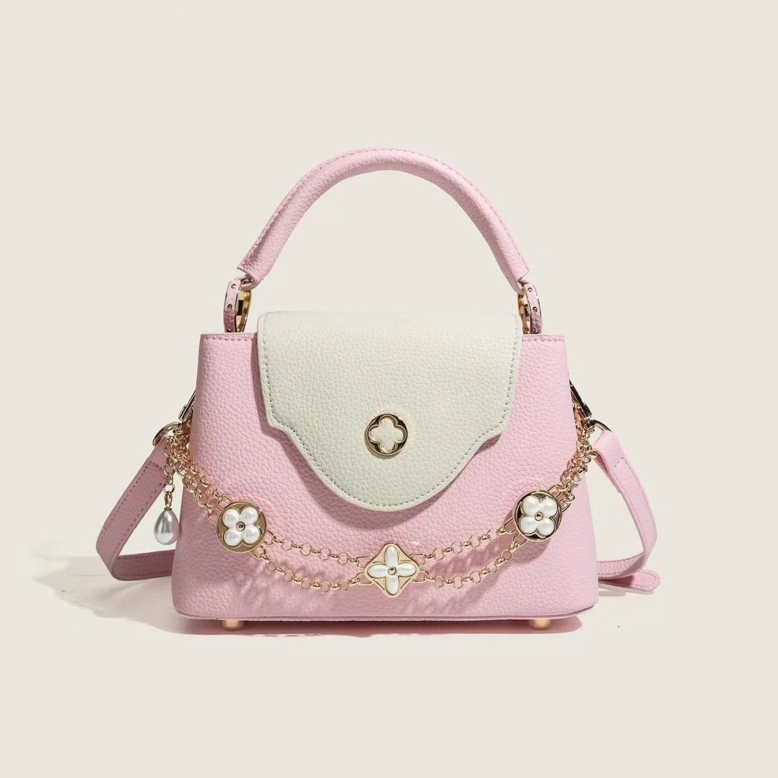 Mini Flap Handbag with Pearl Flower Chain in Pink and Cream