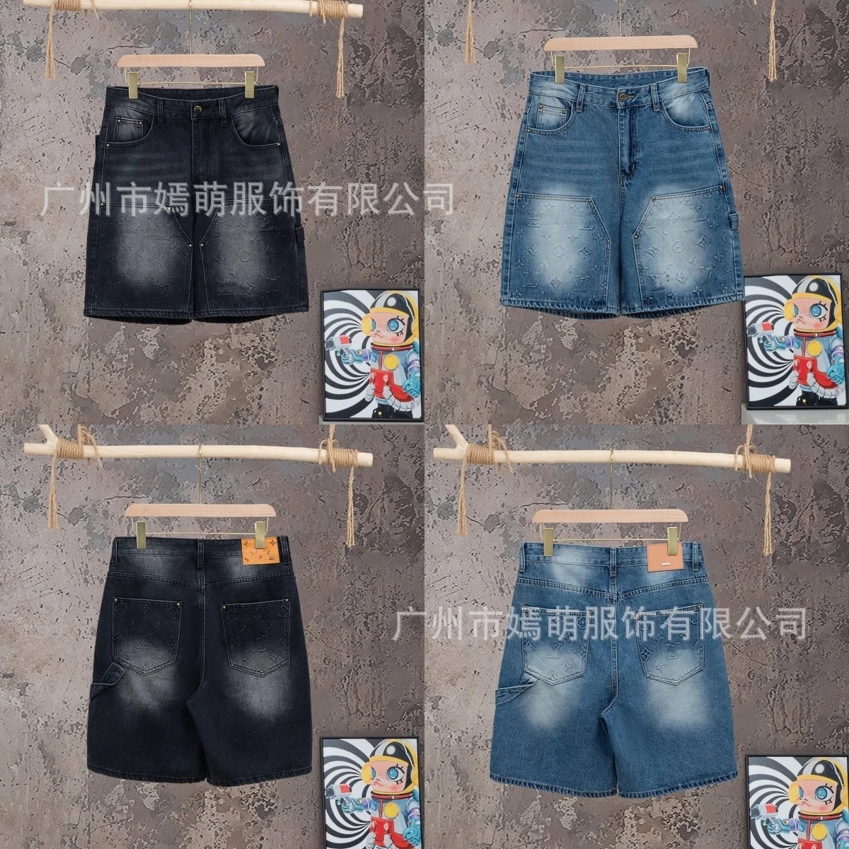 Design Denim Shorts Black with Embroidered Logo - 6