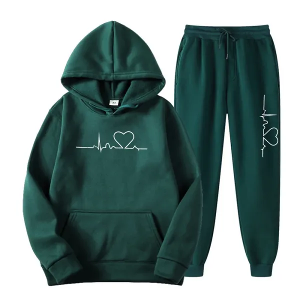 Design Heartbeat Graphic Hoodie and Sweatpants Set Forest Green - 1