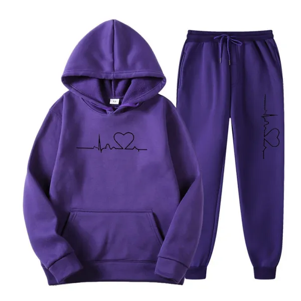 Design Heartbeat ECG Print Purple Hoodie and Sweatpants Set - 1