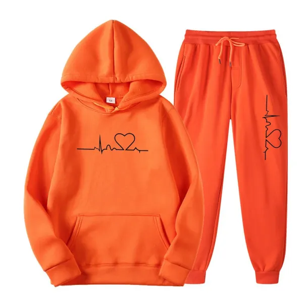 Design Heartbeat ECG Print Orange Hoodie and Sweatpants Set - 1