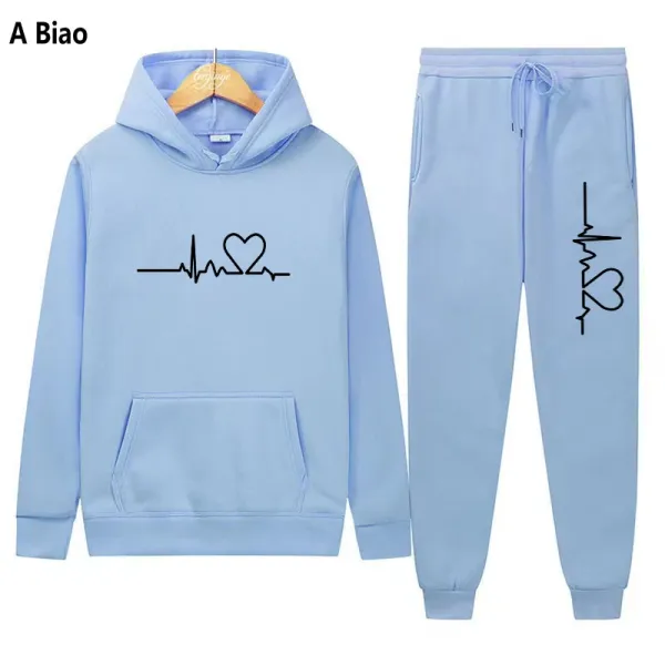 Design A Biao Heartbeat Graphic Hoodie and Sweatpants Set Light Blue Casual Set Sets - 1