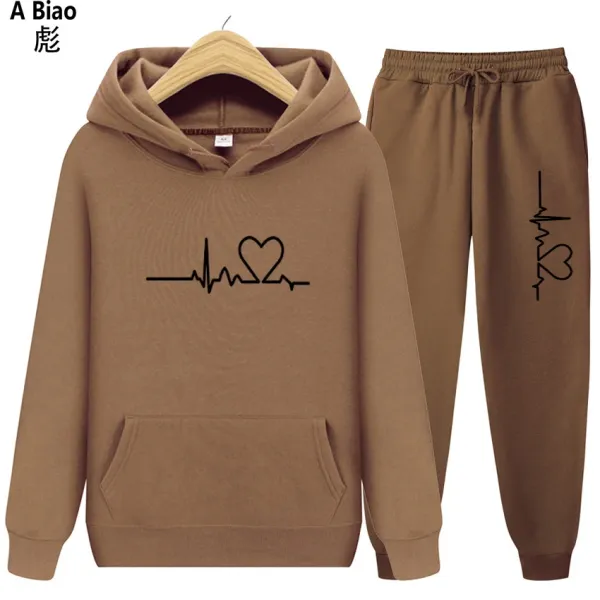 Design Heartbeat ECG Hoodie and Sweatpants Set Brown - 1