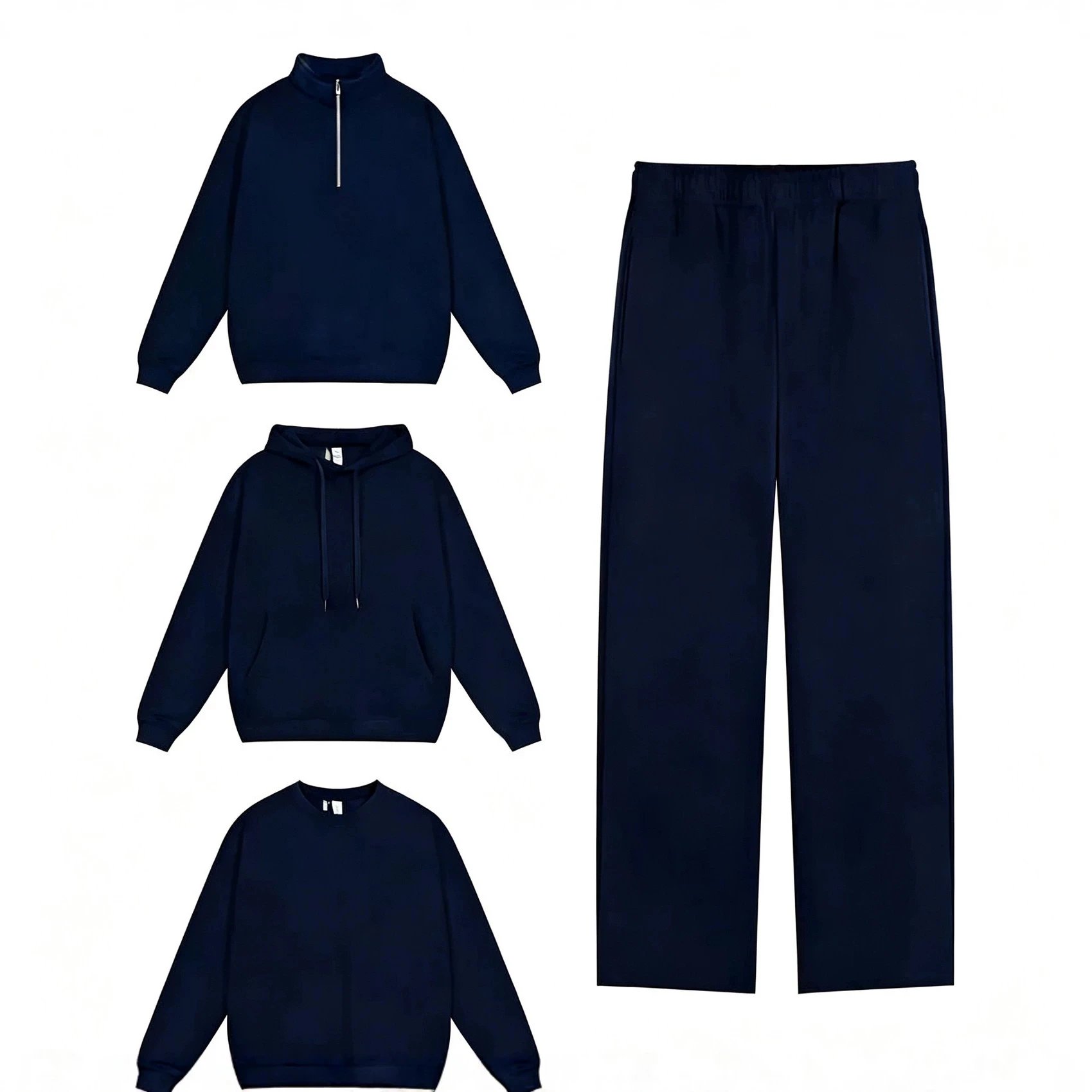Design Minimalist Gray Sweat Set: Half-Zip Pullover, Hoodie, Crewneck Top & Wide-Leg Sweatpants - 15