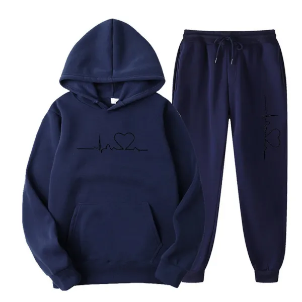 Design Heartbeat ECG Print Hoodie and Sweatpants Set Navy - 1