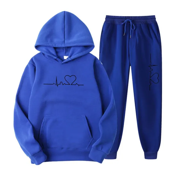 Design Heartbeat ECG Hoodie and Sweatpants Set Royal Blue - 1