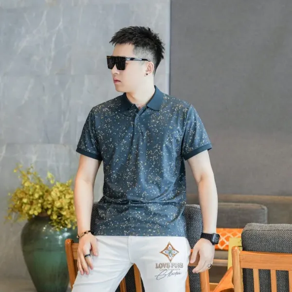 Design Floral Print Navy Polo Shirt and White Embroidered Pants Set Casual Set - 1