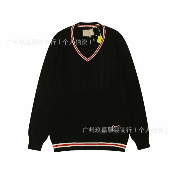 Gucci V-Neck Ribbed Knit Sweater Black with Red and White Trim - 1