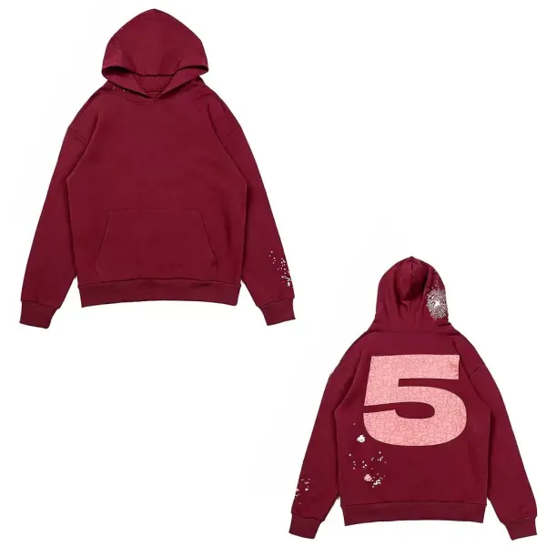 Design Oversized Hoodie with Cracked '5' Print and Splatter Detail Burgundy Hoodie - 1