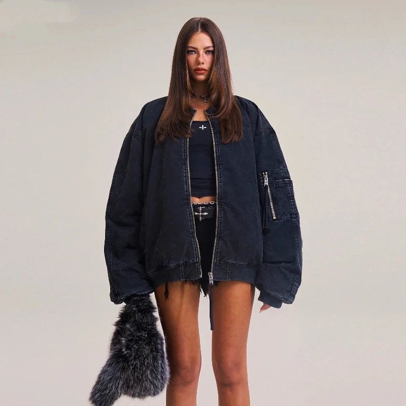 Design SMPK Bomber Jacket Navy Washed Denim Jacket Outerwear.jacket - 3