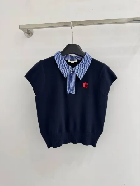 Miu Miu Collar Knit Top Navy Blue Sweater - 1