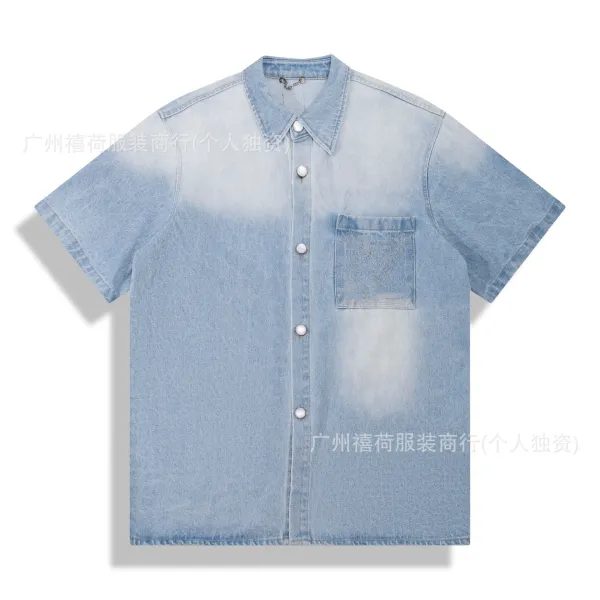Design Denim Shirt Short Sleeve Light Wash Blue Tops.shirt - 1