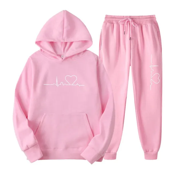 Design Heartbeat ECG Print Pink Hoodie and Sweatpants Set - 1