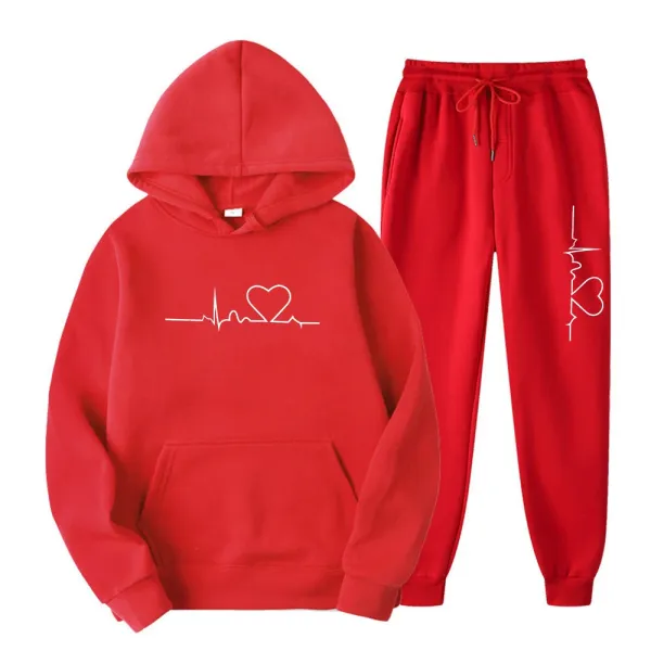 Design Heartbeat ECG Print Red Hoodie and Sweatpants Set - 1