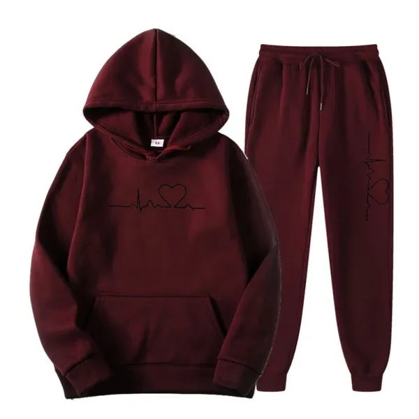 Design Heartbeat ECG Print Burgundy Hoodie and Sweatpants Set - 1